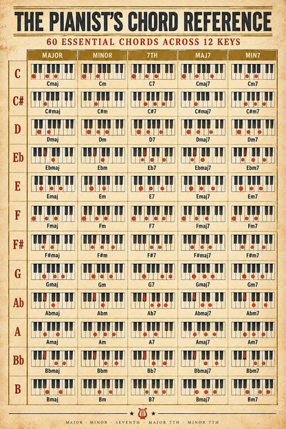 Piano Chord Reference Chart Poster, Music Theory Wall Art