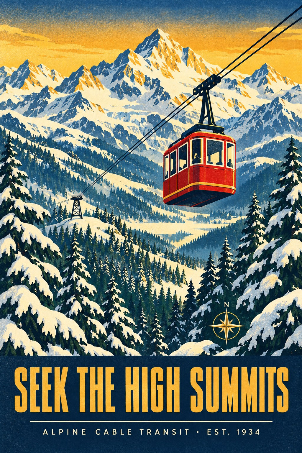 Alpine Tramway Winter Vista Art Poster, Seek the High Summits