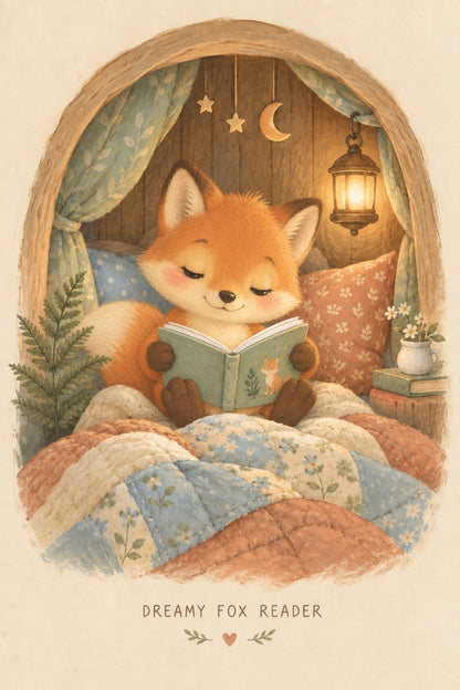 Dreamy Fox Reader Poster, Nursery Bedtime Story Wall Art