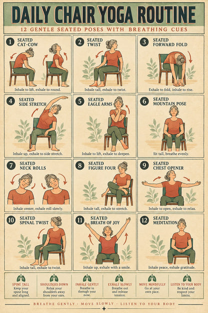 Daily Chair Yoga Routine Poster, Gentle Seated Exercise Chart