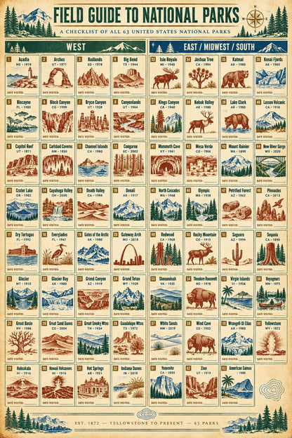 National Parks Field Guide Checklist Poster, Regional Travel Art