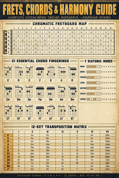Guitar Theory Reference Chart Poster, Frets Chords and Harmony Guide