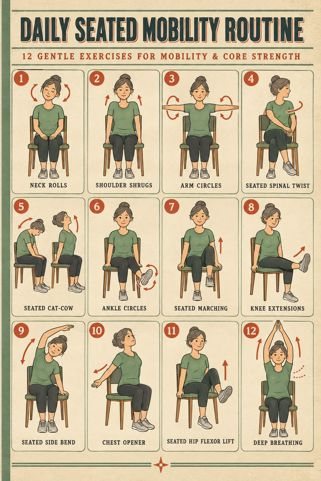 Seated Mobility Routine Chart Poster, Daily Chair Exercise Art