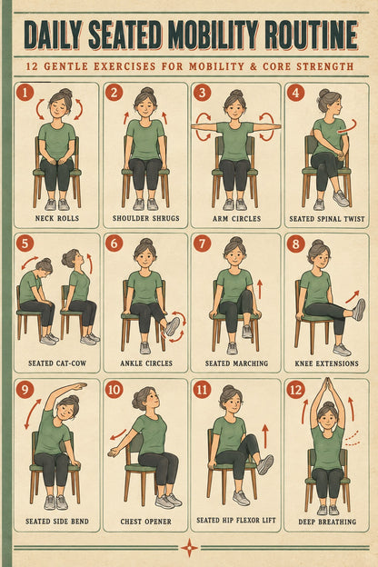 Seated Mobility Routine Chart Poster, Daily Chair Exercise Art