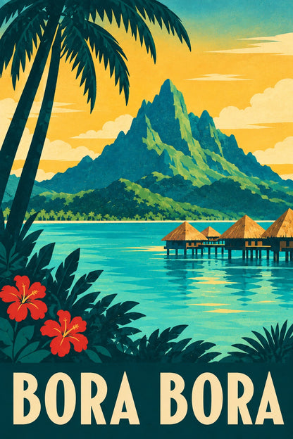 Bora Bora Travel Poster, Vintage Tropical Wall Art