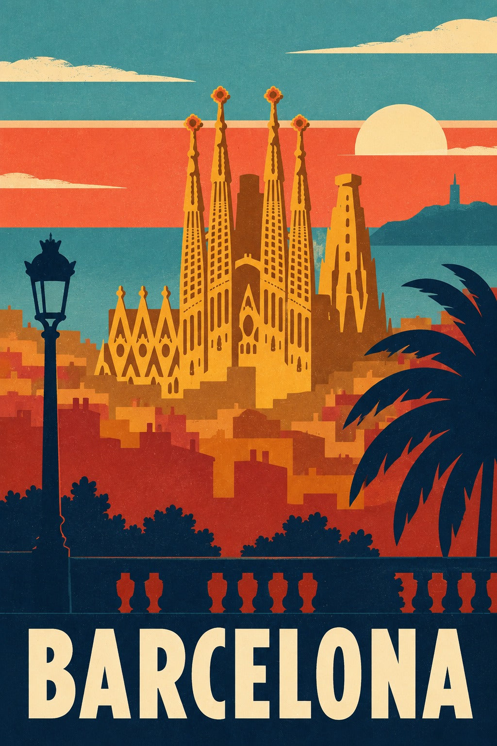 Barcelona Vintage Travel Poster, Spain Cityscape Art Print