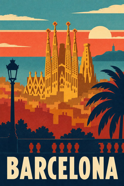 Barcelona Vintage Travel Poster, Spain Cityscape Art Print