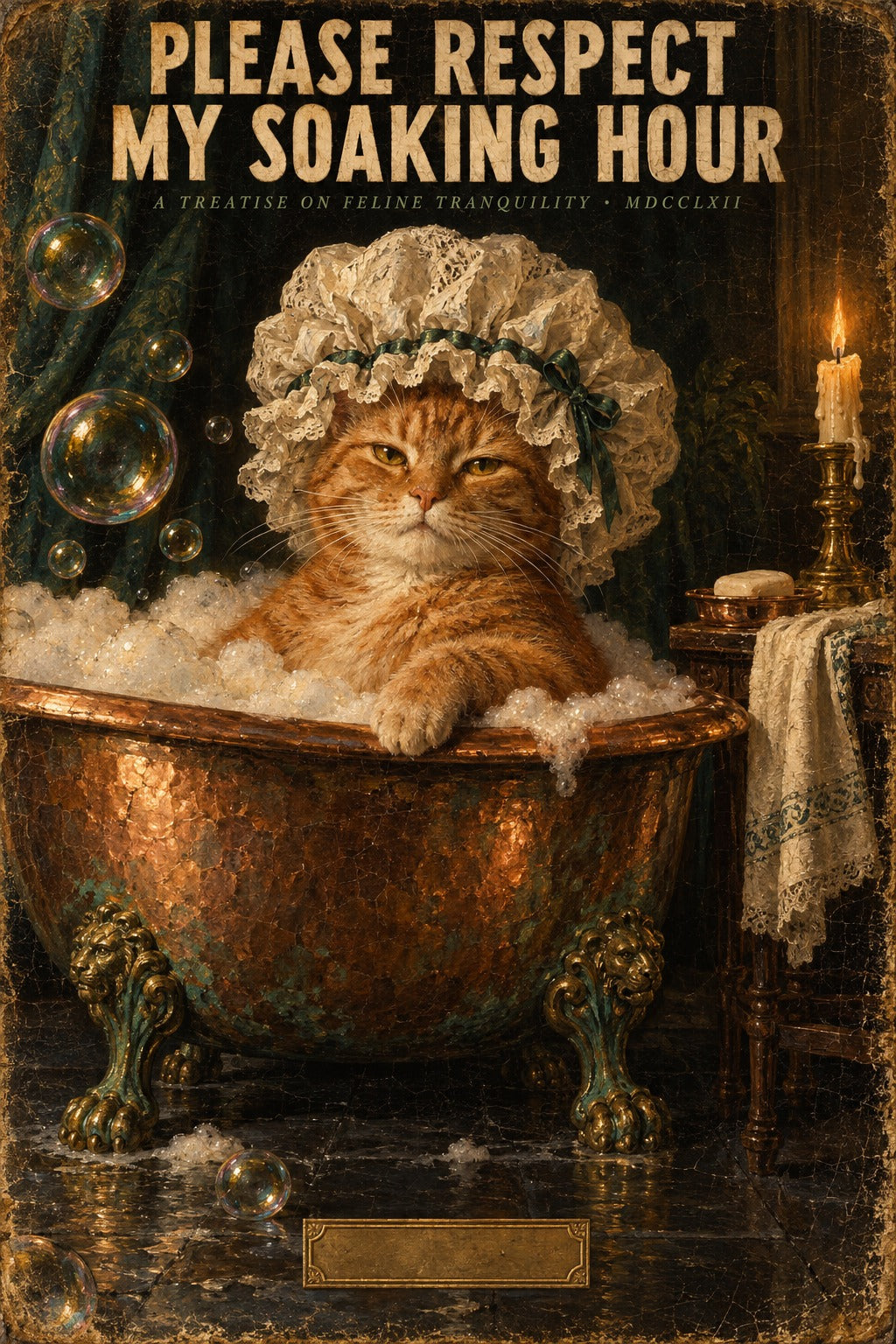 Aristocratic Cat Soaking Hour Bath Poster, Funny Vintage Wall Art