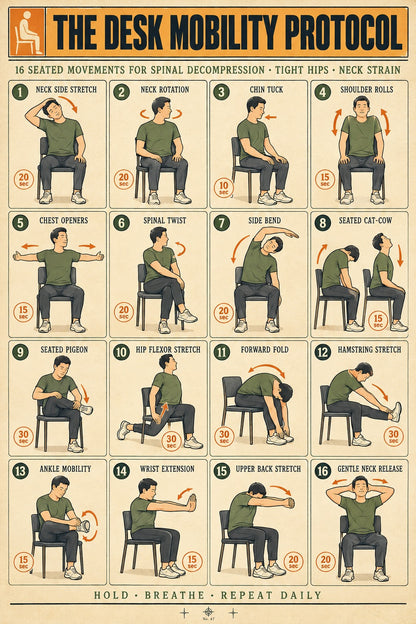 Desk Mobility Protocol Poster, Seated Stretching Routine Chart