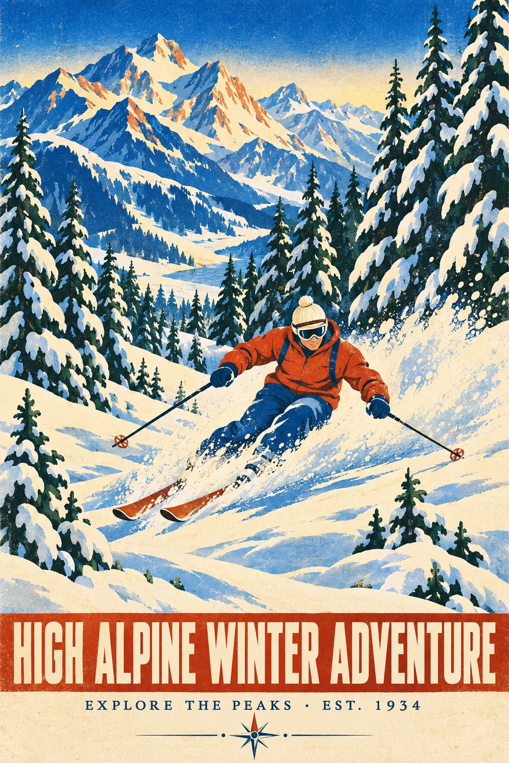 High Alpine Winter Adventure Poster, Vintage Downhill Skier Art