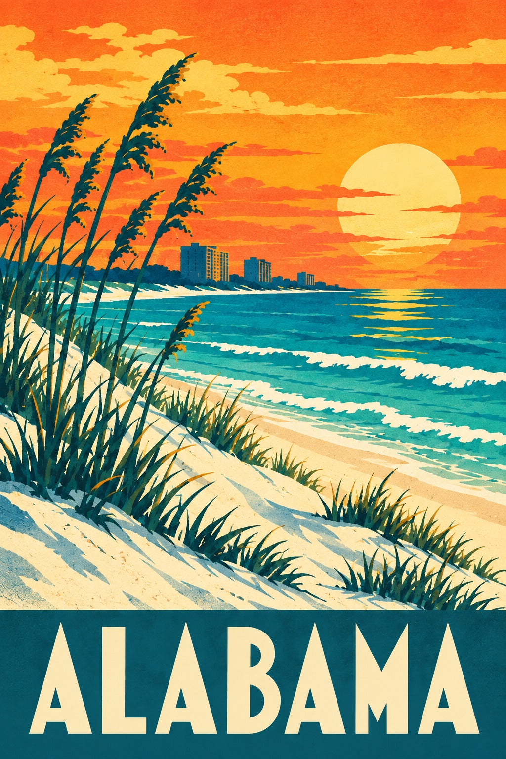 Alabama Vintage Beach Travel Poster, Retro Coastal Dunes Art Print