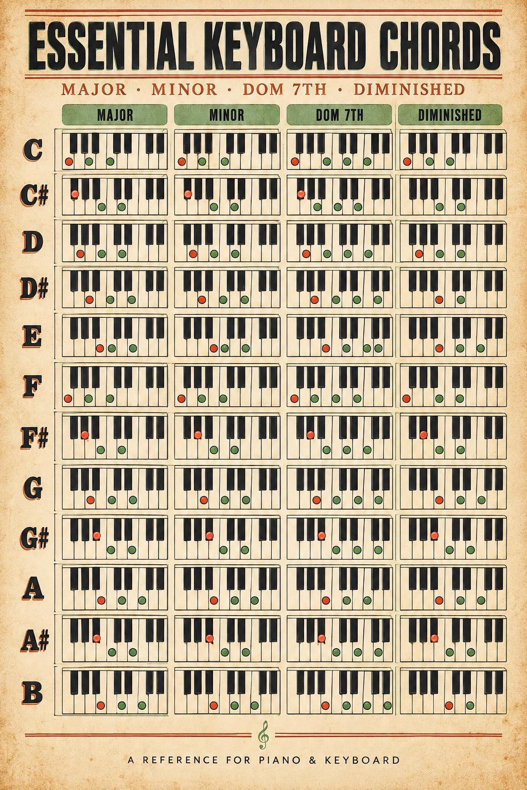 Essential Keyboard Chords Poster, Piano Reference Chart Wall Art