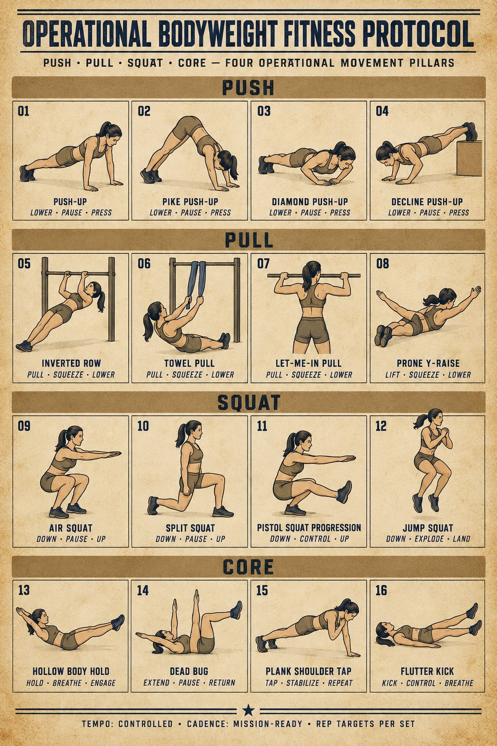 Female Tactical Bodyweight Fitness Protocol Chart Poster