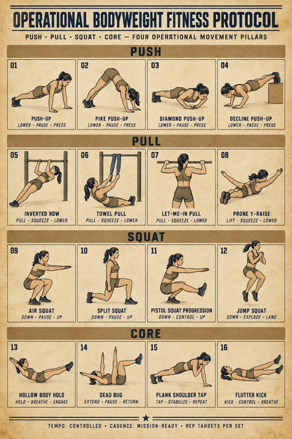 Female Tactical Bodyweight Fitness Protocol Chart Poster