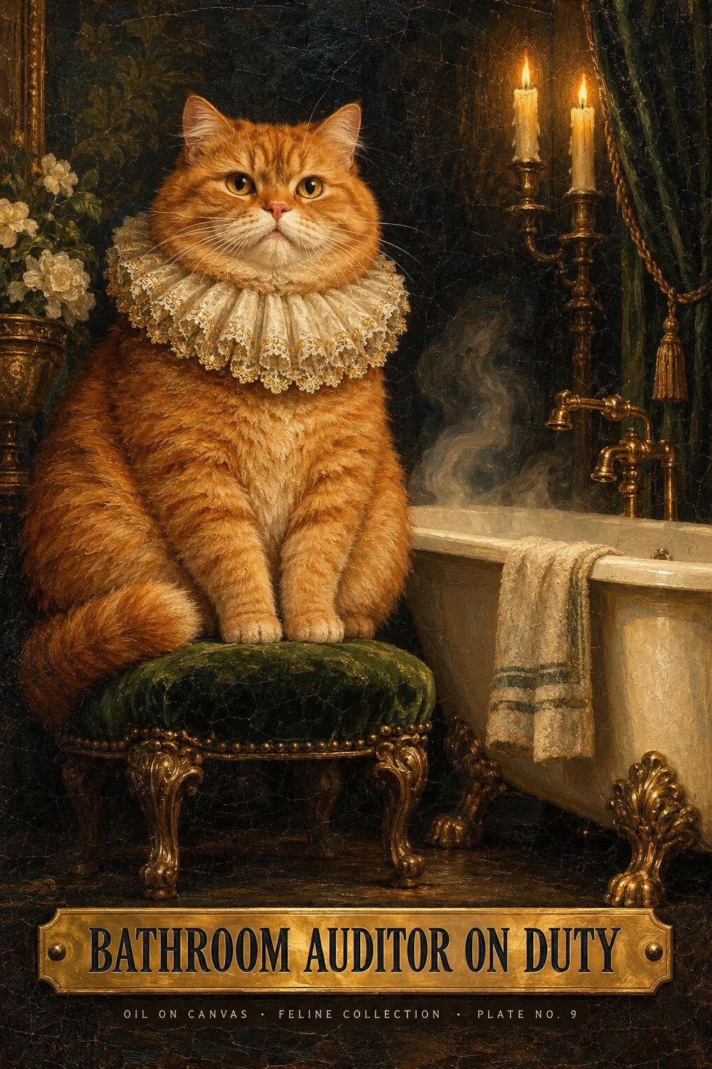 Bathroom Auditor Cat Poster, Funny Victorian Oil Painting Wall Art