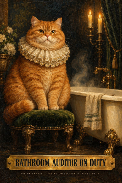 Bathroom Auditor Cat Poster, Funny Victorian Oil Painting Wall Art