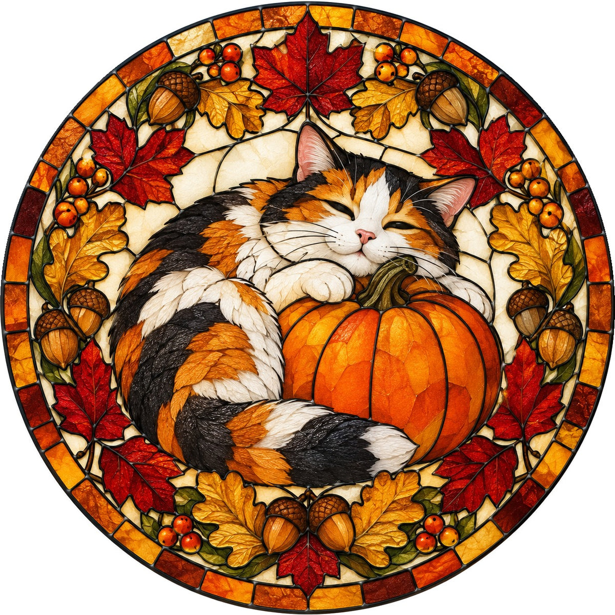 Calico Cat Autumn Pumpkin Suncatcher Ornament Stained Glass Window