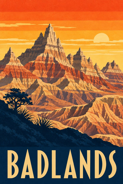 Badlands Vintage Travel Poster, Retro Desert Wall Art Print