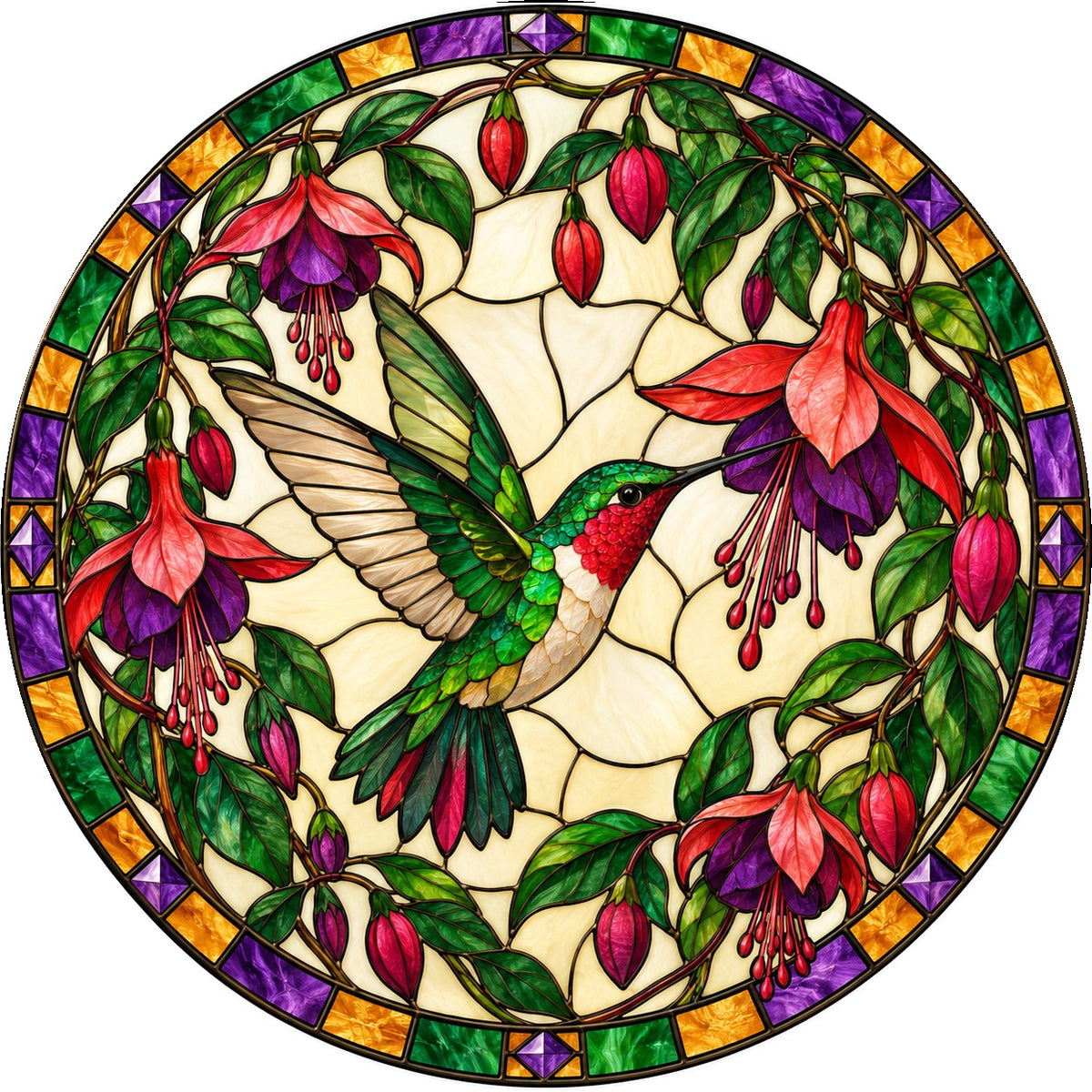 Ruby Nectar Fuchsia Hummingbird Stained Glass Suncatcher Window