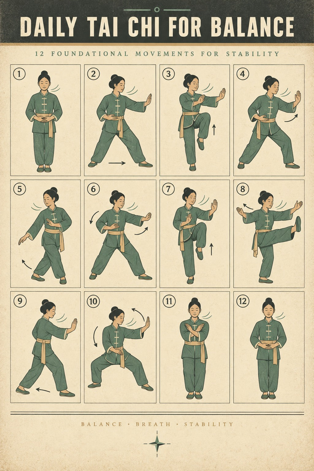 Daily Tai Chi for Balance Art Poster, Senior Exercise Chart