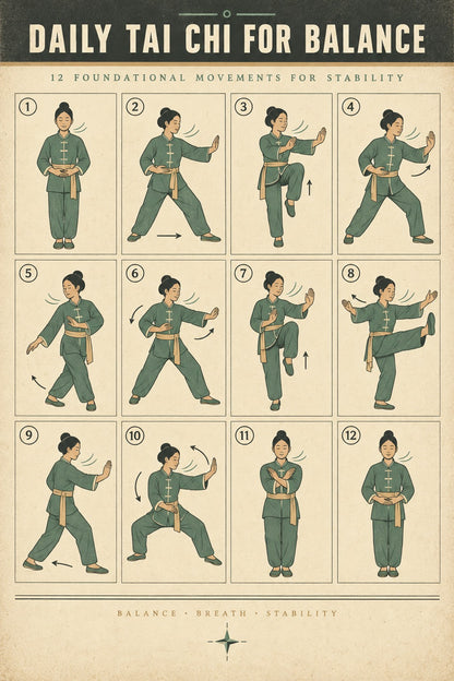 Daily Tai Chi for Balance Art Poster, Senior Exercise Chart