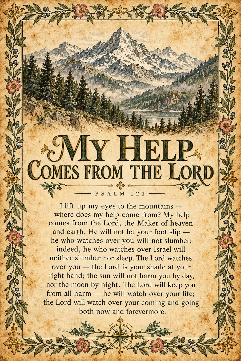 Psalm 121 Mountain Scripture Poster, My Help Comes From the Lord