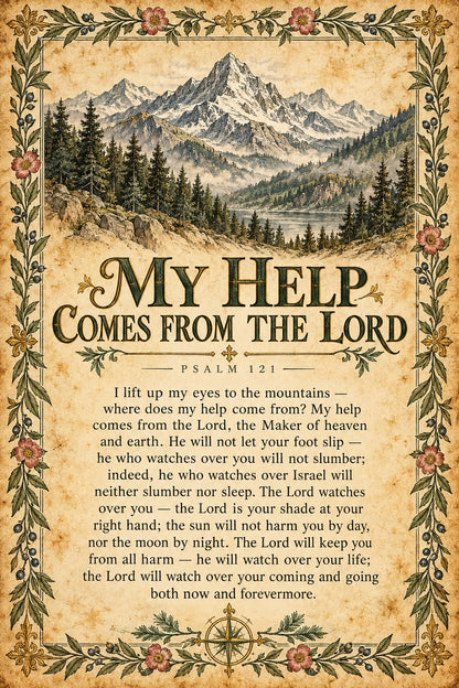 Psalm 121 Mountain Scripture Poster, My Help Comes From the Lord