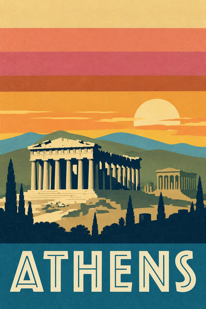 Athens Greece Vintage Travel Poster, Retro Acropolis Wall Art