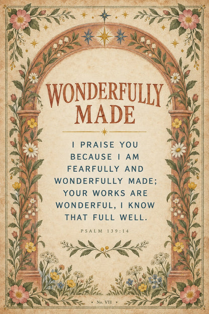 Wonderfully Made Psalm 139 Nursery Wall Art Folk Scripture Poster