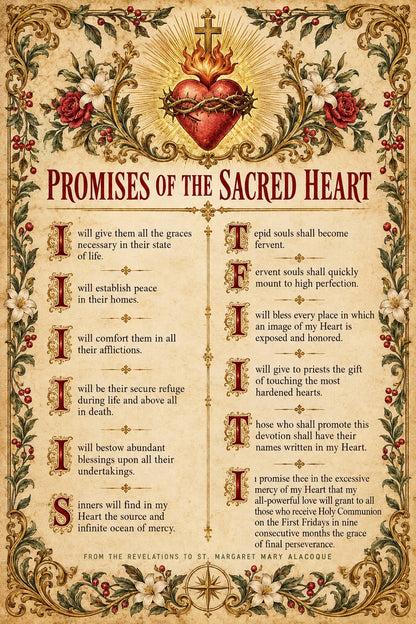 Sacred Heart Twelve Promises Broadside Poster, Catholic Devotional Art