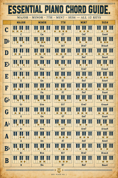 Essential Piano Chord Guide Poster, Keyboard Music Reference Chart