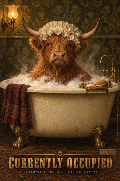 Currently Occupied Highland Cow Bubble Bath Wall Art Poster