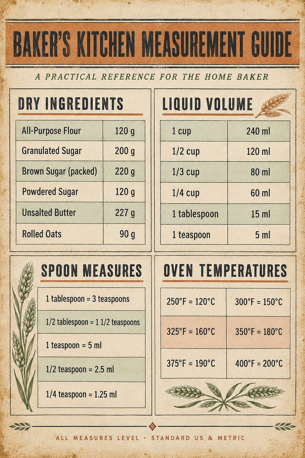 Baker Measurement Guide Poster, Kitchen Conversion Art Print