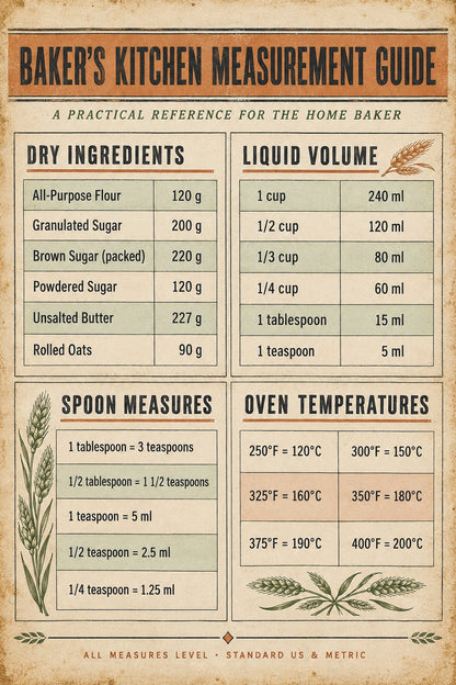 Baker Measurement Guide Poster, Kitchen Conversion Art Print