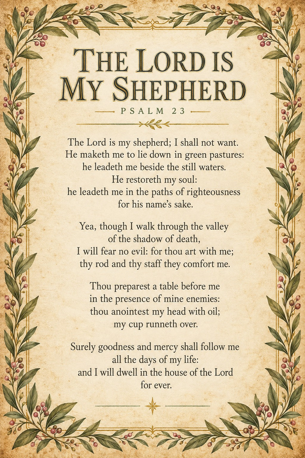 Psalm 23 Scripture Art Poster, The Lord Is My Shepherd Wall Decor