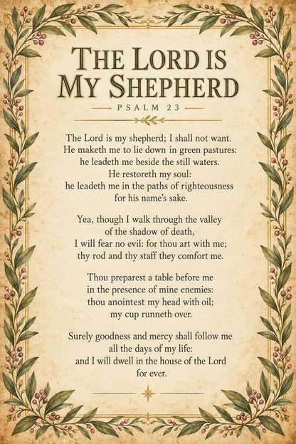 Psalm 23 Scripture Art Poster, The Lord Is My Shepherd Wall Decor