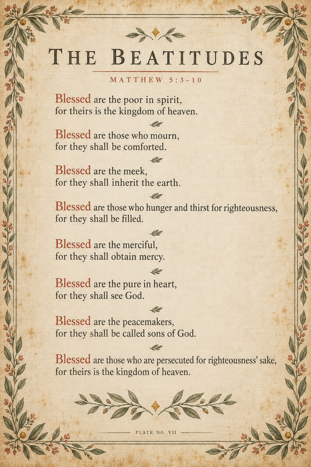 The Beatitudes Scripture Wall Art Poster, Matthew 5 Faith Home Decor