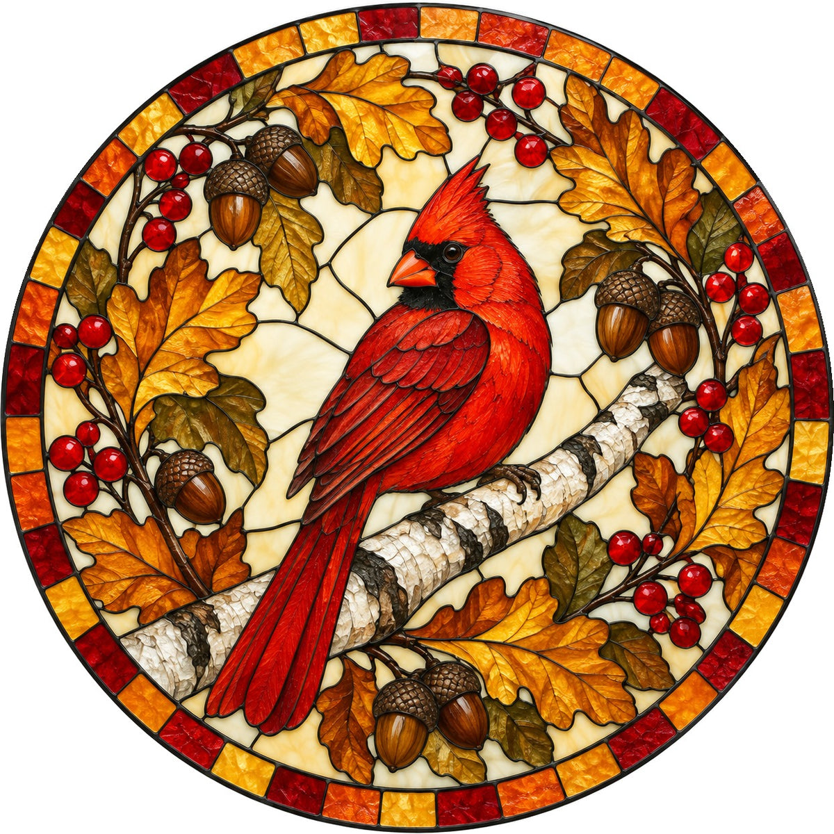 Autumn Birch Cardinal Glow Suncatcher, Memorial Bird Hanging Ornament