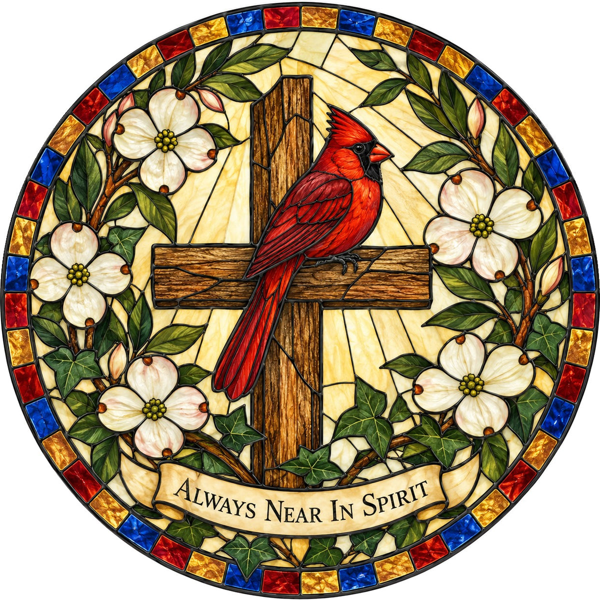 Cardinal Memorial Glass Suncatcher Window Ornament with Cross