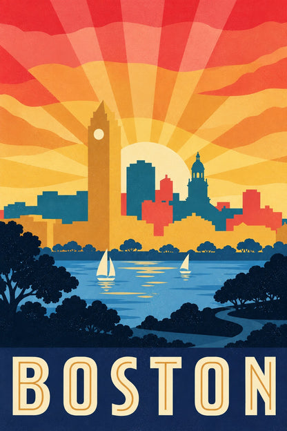 Boston Vintage Travel Poster, Retro Skyline Art Print