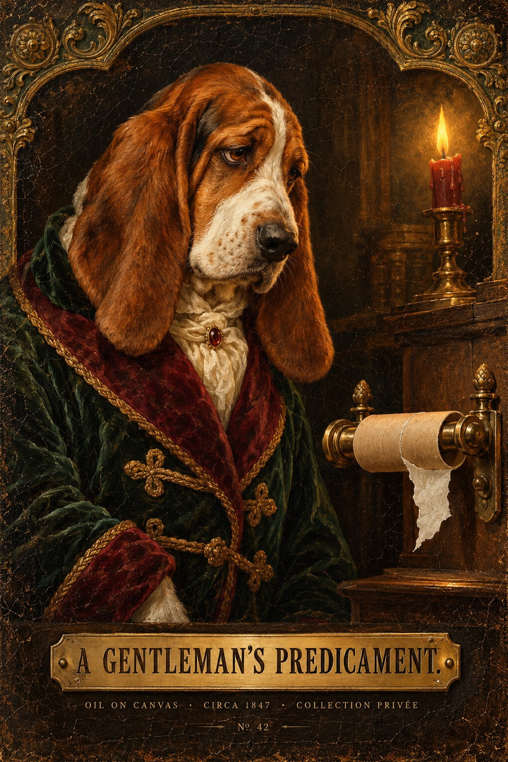 A Gentlemans Predicament Basset Hound Funny Bathroom Art Poster