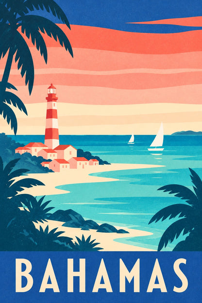 Bahamas Travel Poster, Retro Coastal Lighthouse Beach Art Print