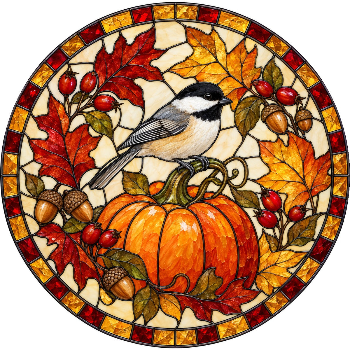 Harvest Chickadee Pumpkin Stained Glass Style Suncatcher Hanging