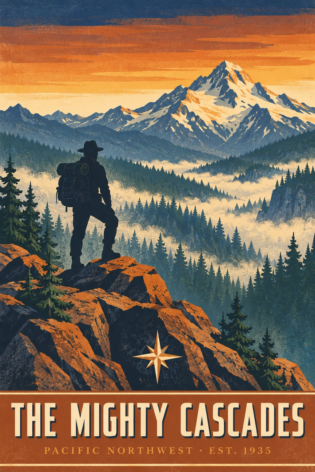 The Mighty Cascades Poster, Vintage Alpine Explorer Wall Art