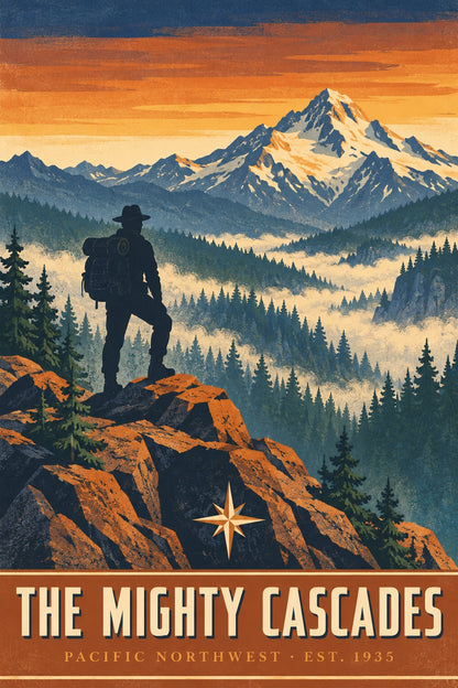The Mighty Cascades Poster, Vintage Alpine Explorer Wall Art