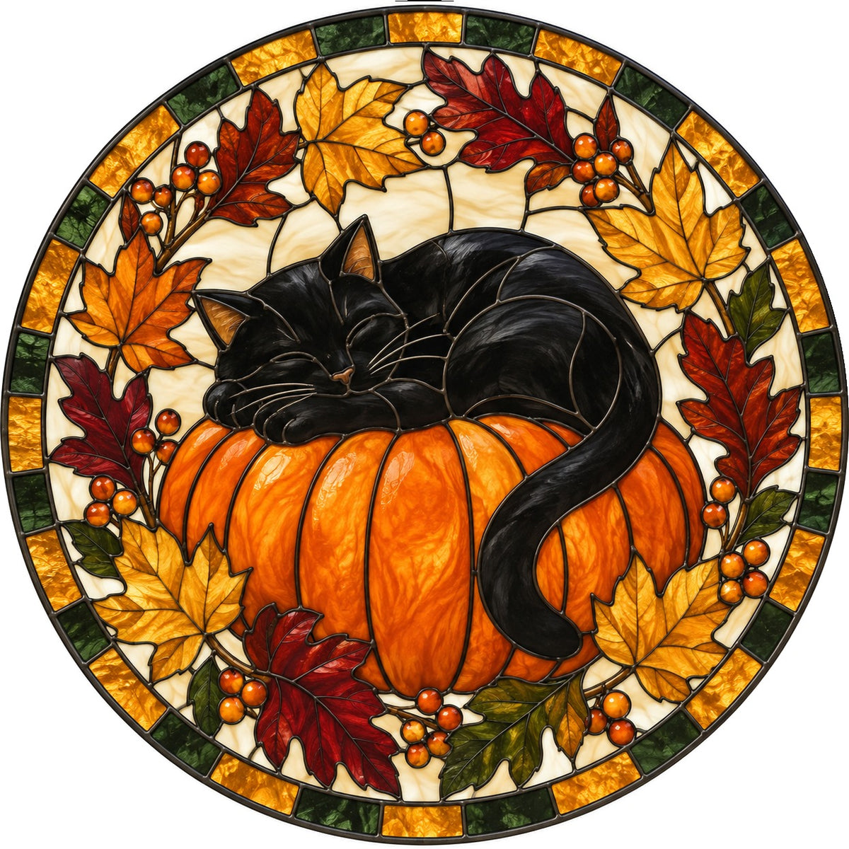 Autumn Slumber Black Cat Suncatcher, Fall Pumpkin Window Ornament