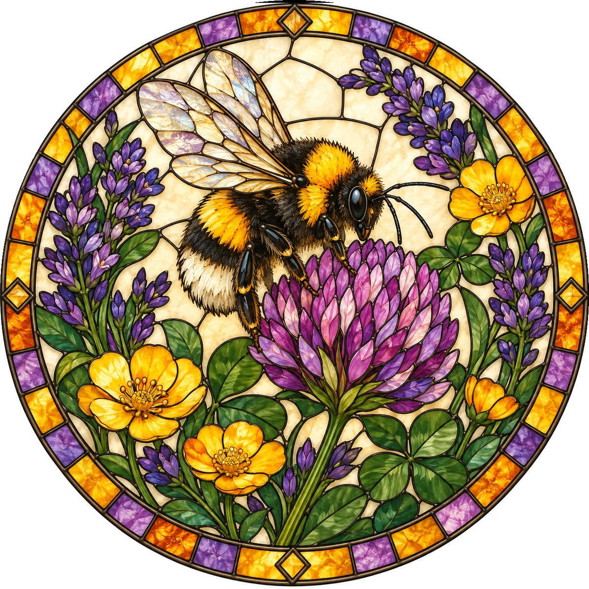 Lavender Meadow Bumblebee Stained Glass Style Suncatcher Hanging