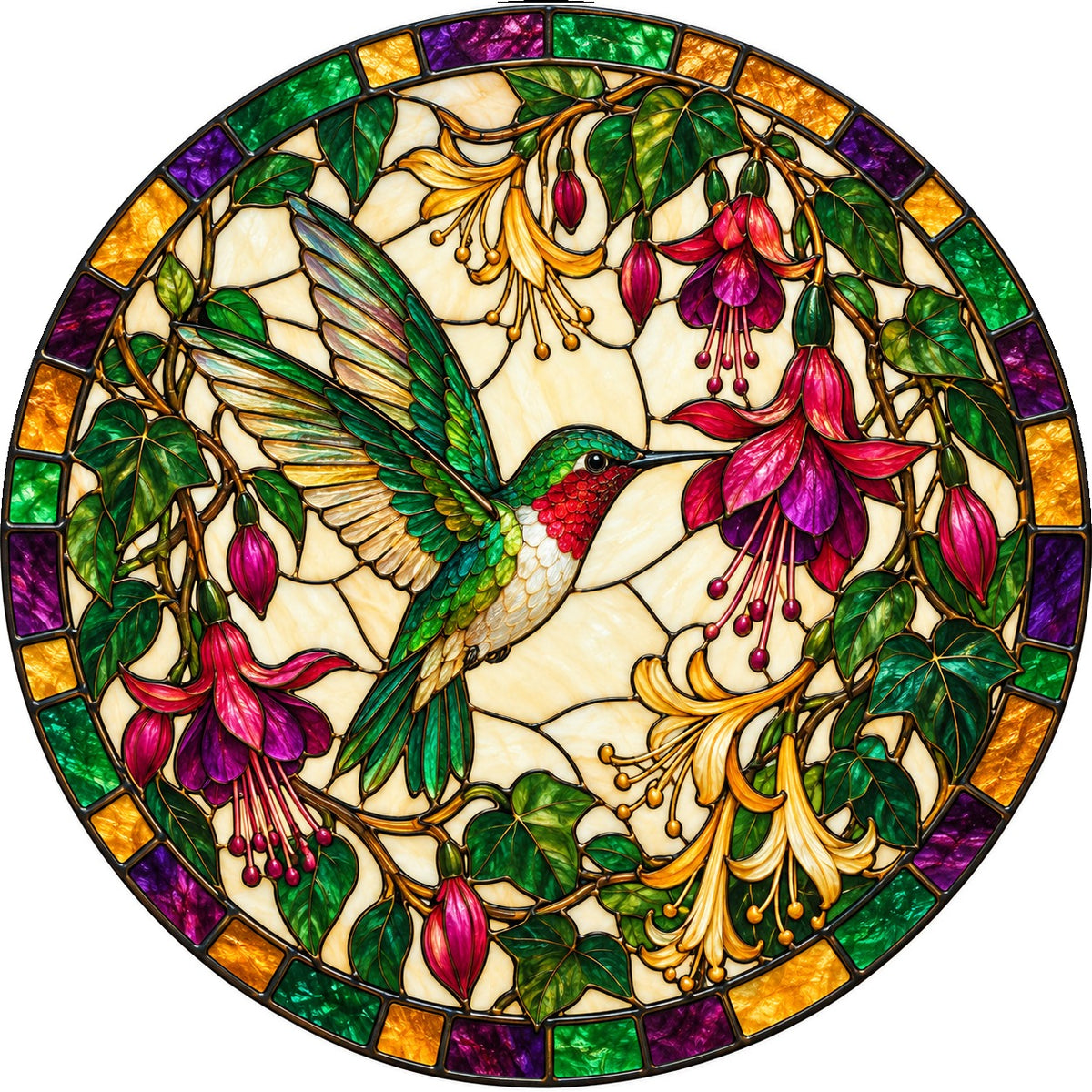 Ruby Hummingbird Fuchsia Bloom Glass Suncatcher Window Ornament
