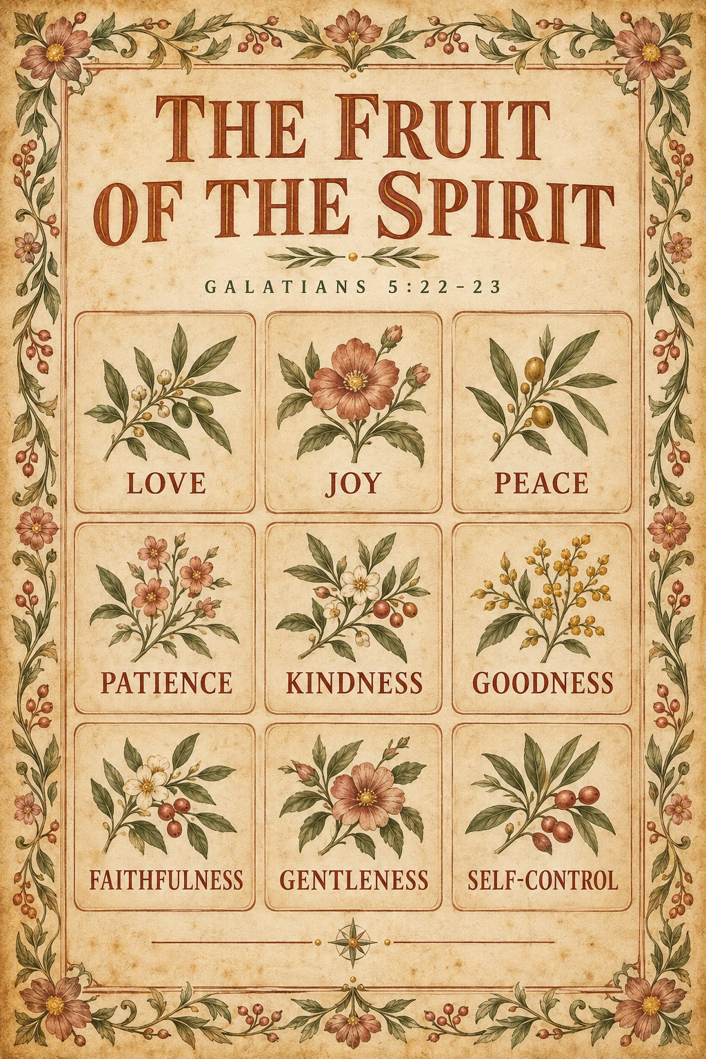 Fruit of the Spirit Botanical Scripture Poster, Christian Decor