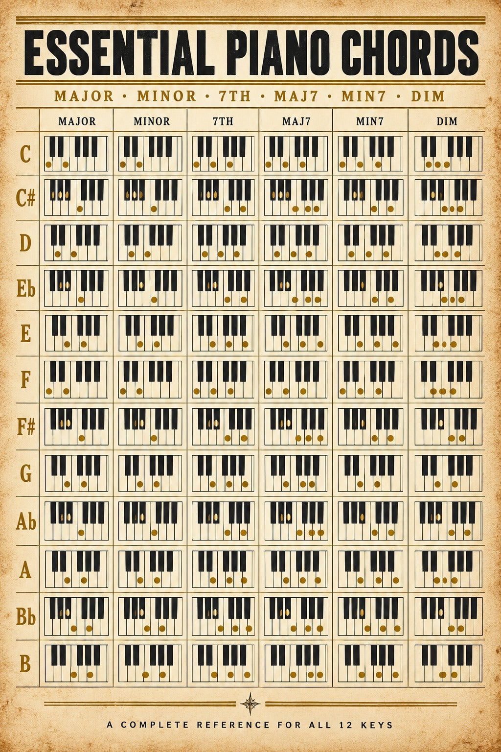 Essential Piano Chords Reference Chart Poster, Music Studio Wall Art